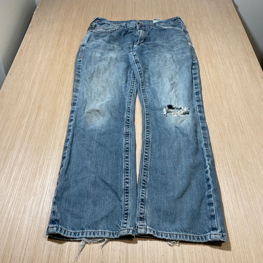 Ariat Jeans Mens 34x32 Blue Distressed boot cut Western Work Denim Cotton